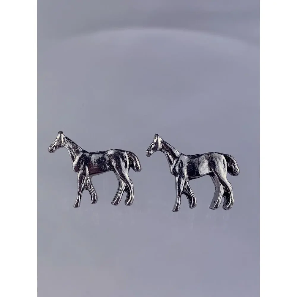 Horse Equestrian Silver Tone Lapel Tie Tack Pin Set Vintage